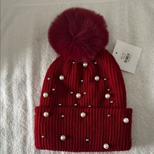 Chic Dark Red Beanie with Pom-Pom and Pearls